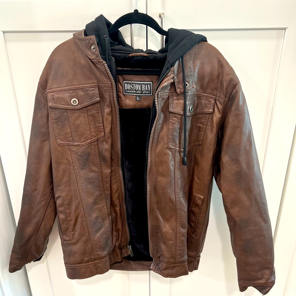 Boston Bay Pleather Bomber Jacket with hoodie